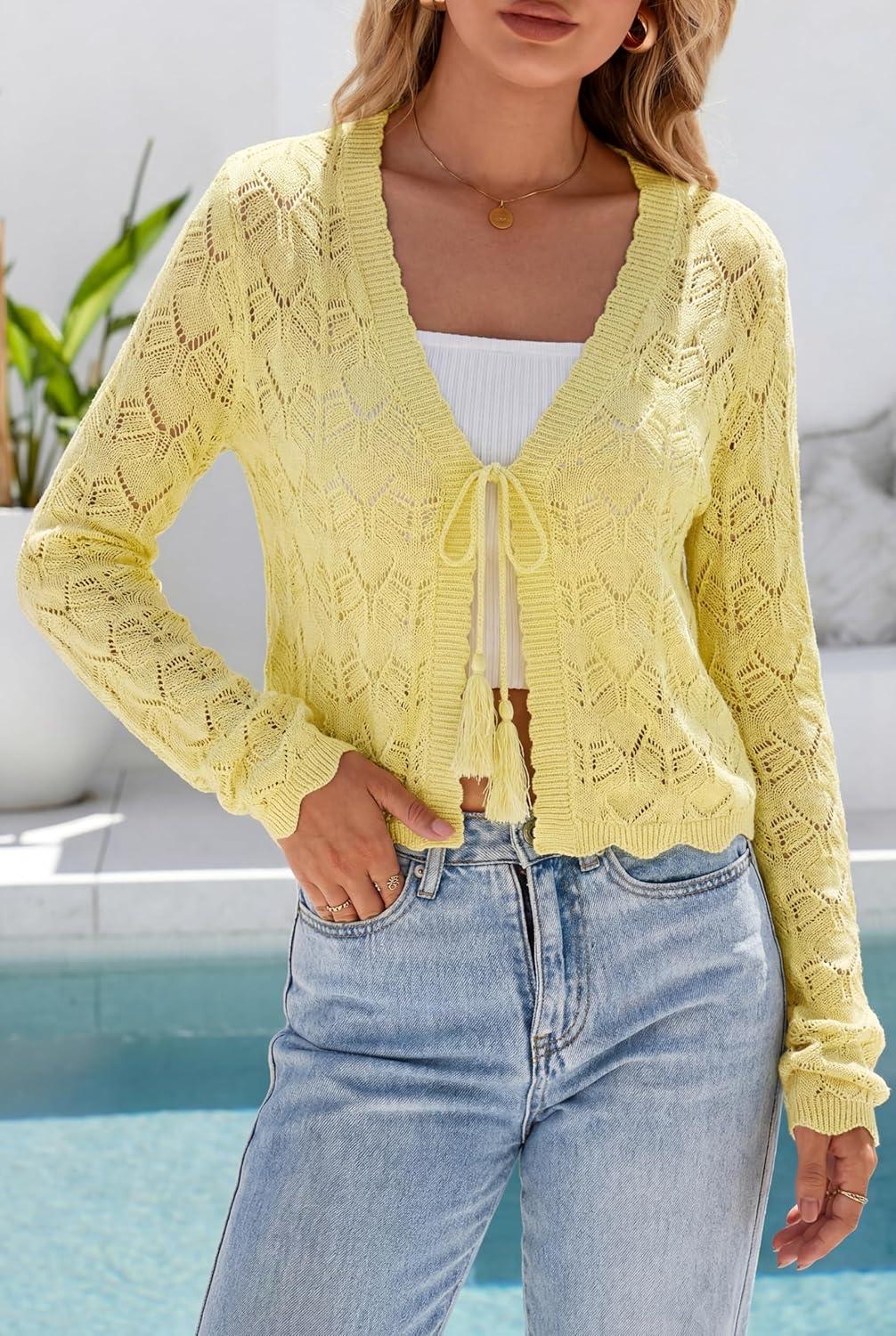 image:imageArachampCloz Womens Cropped Cardigan Linen Blend Crochet Tie Front Lightweight Summer Beach ShrugYellow