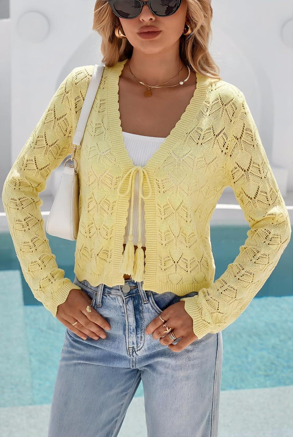 image:imageArachampCloz Womens Cropped Cardigan Linen Blend Crochet Tie Front Lightweight Summer Beach ShrugYellow