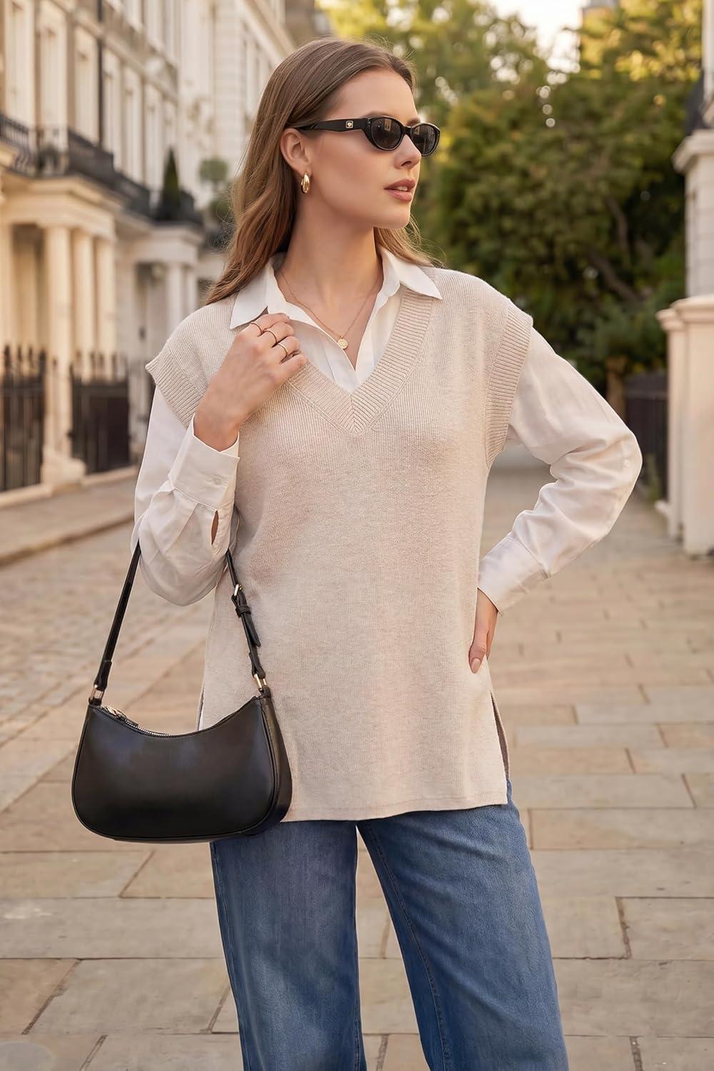 image:imageArachampCloz Womens Summer Wool Blend Sweater Vest Relaxed Fit VNeck Sleeveless Pullover Casual Trendy 2026Apricot