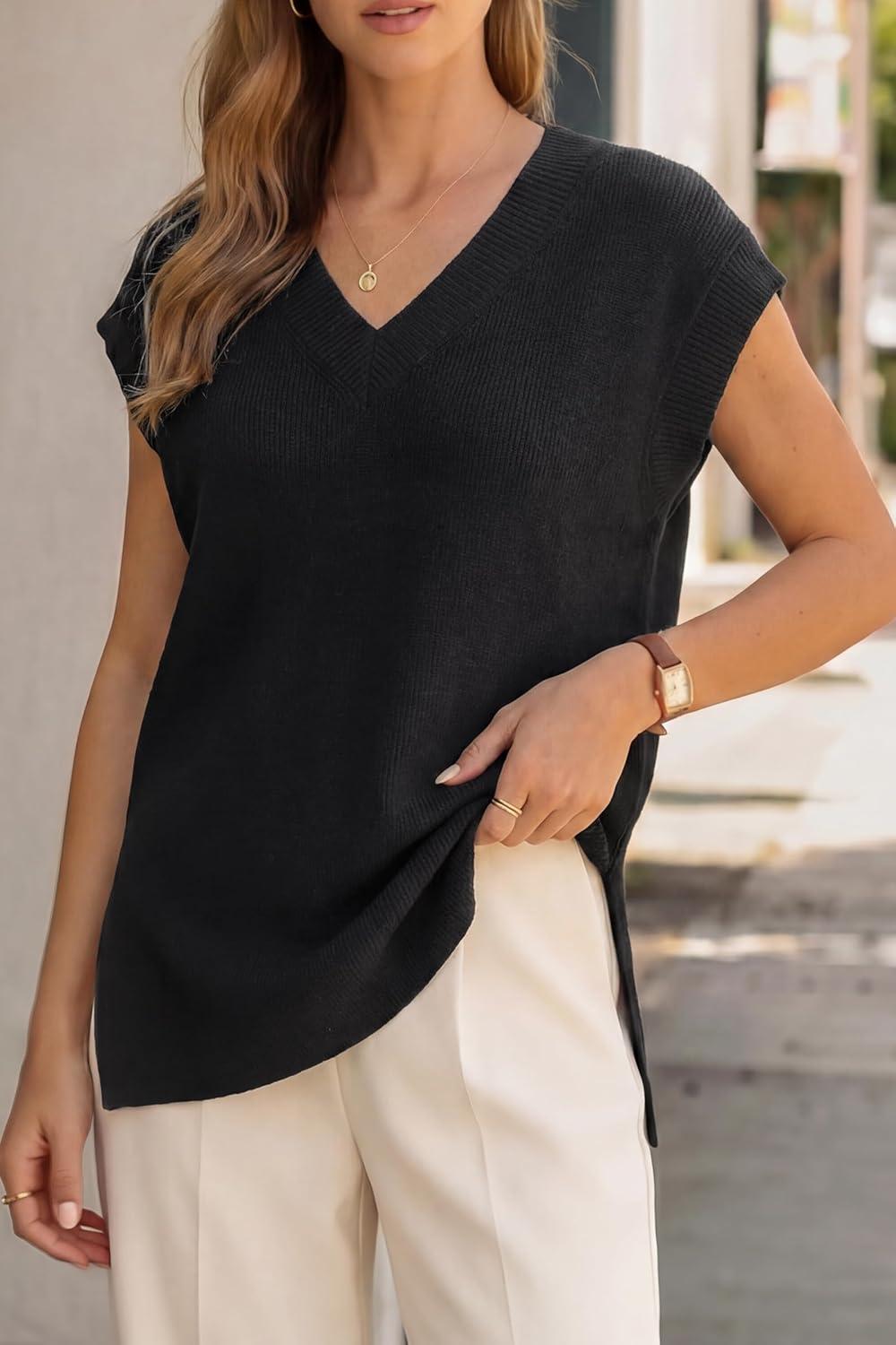 image:imageArachampCloz Womens Summer Wool Blend Sweater Vest Relaxed Fit VNeck Sleeveless Pullover Casual Trendy 2026Black