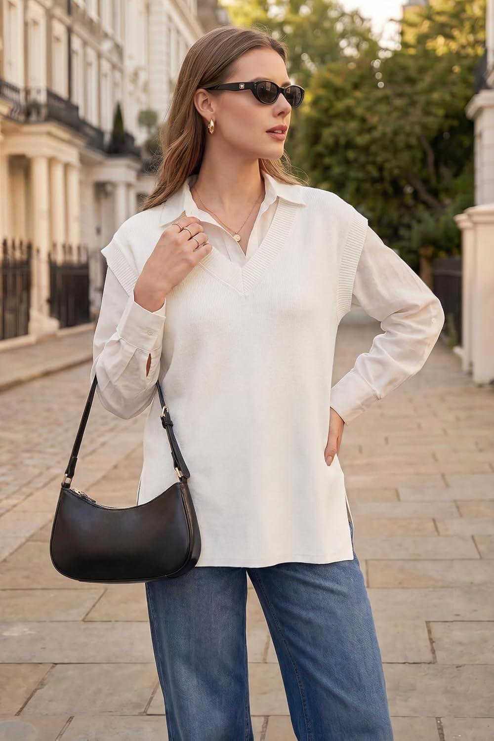 image:imageArachampCloz Womens Summer Wool Blend Sweater Vest Relaxed Fit VNeck Sleeveless Pullover Casual Trendy 2026White