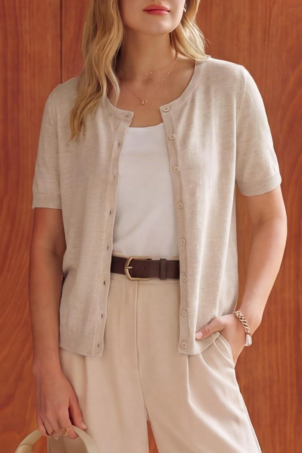 image:imageArachampCloz Womens Wool Blend Cropped Lightweight Short Sleeve Business Casual Cardigan TopsAapricot