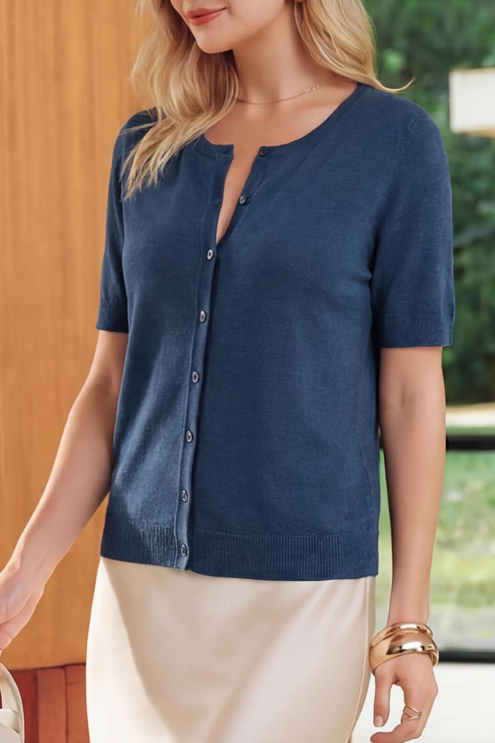image:imageArachampCloz Womens Wool Blend Cropped Lightweight Short Sleeve Business Casual Cardigan TopsAdark Blue