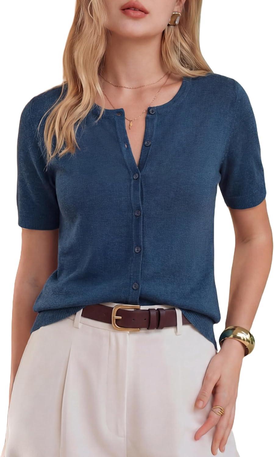image:imageArachampCloz Womens Wool Blend Cropped Lightweight Short Sleeve Business Casual Cardigan TopsAdark Blue