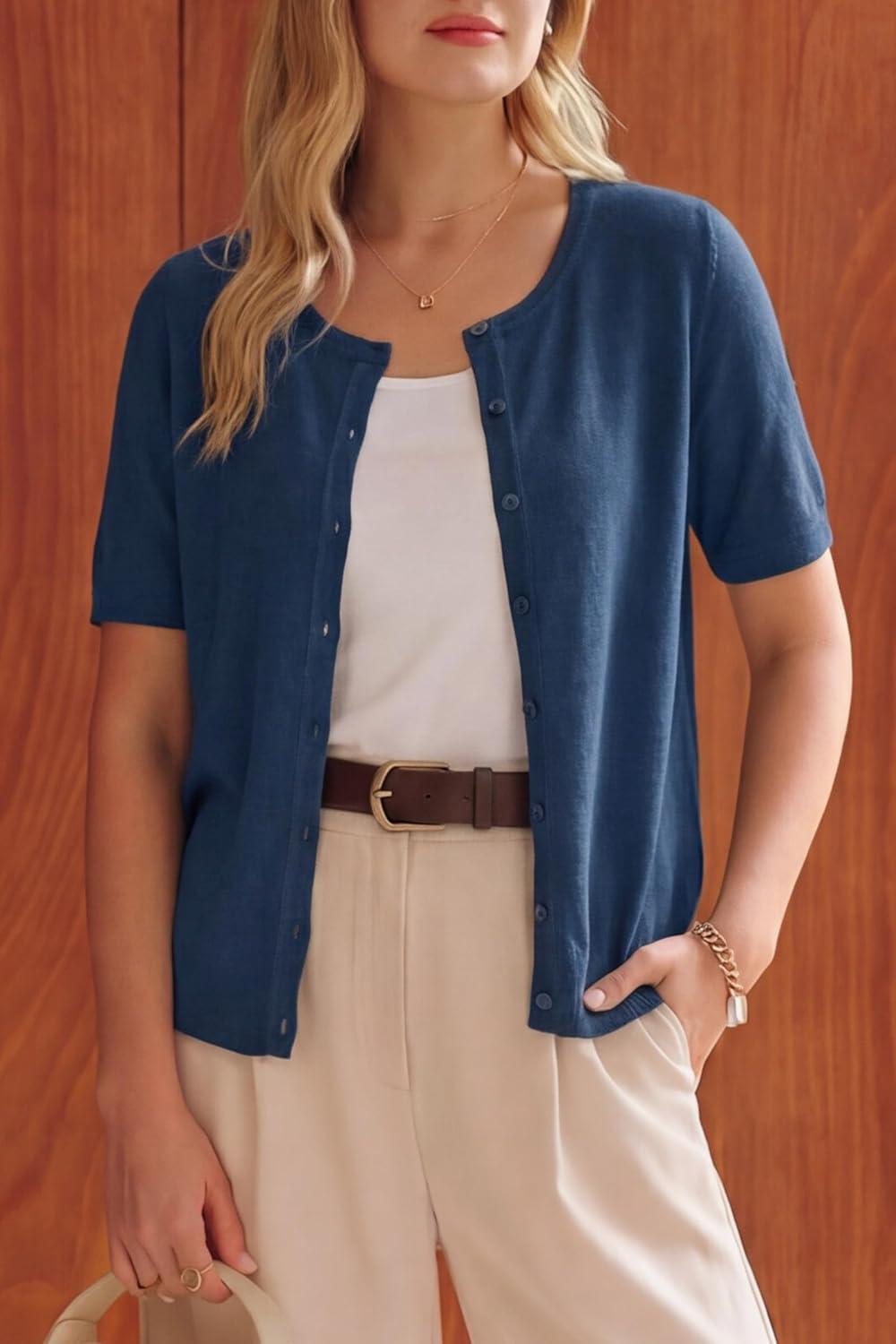 image:imageArachampCloz Womens Wool Blend Cropped Lightweight Short Sleeve Business Casual Cardigan TopsAdark Blue