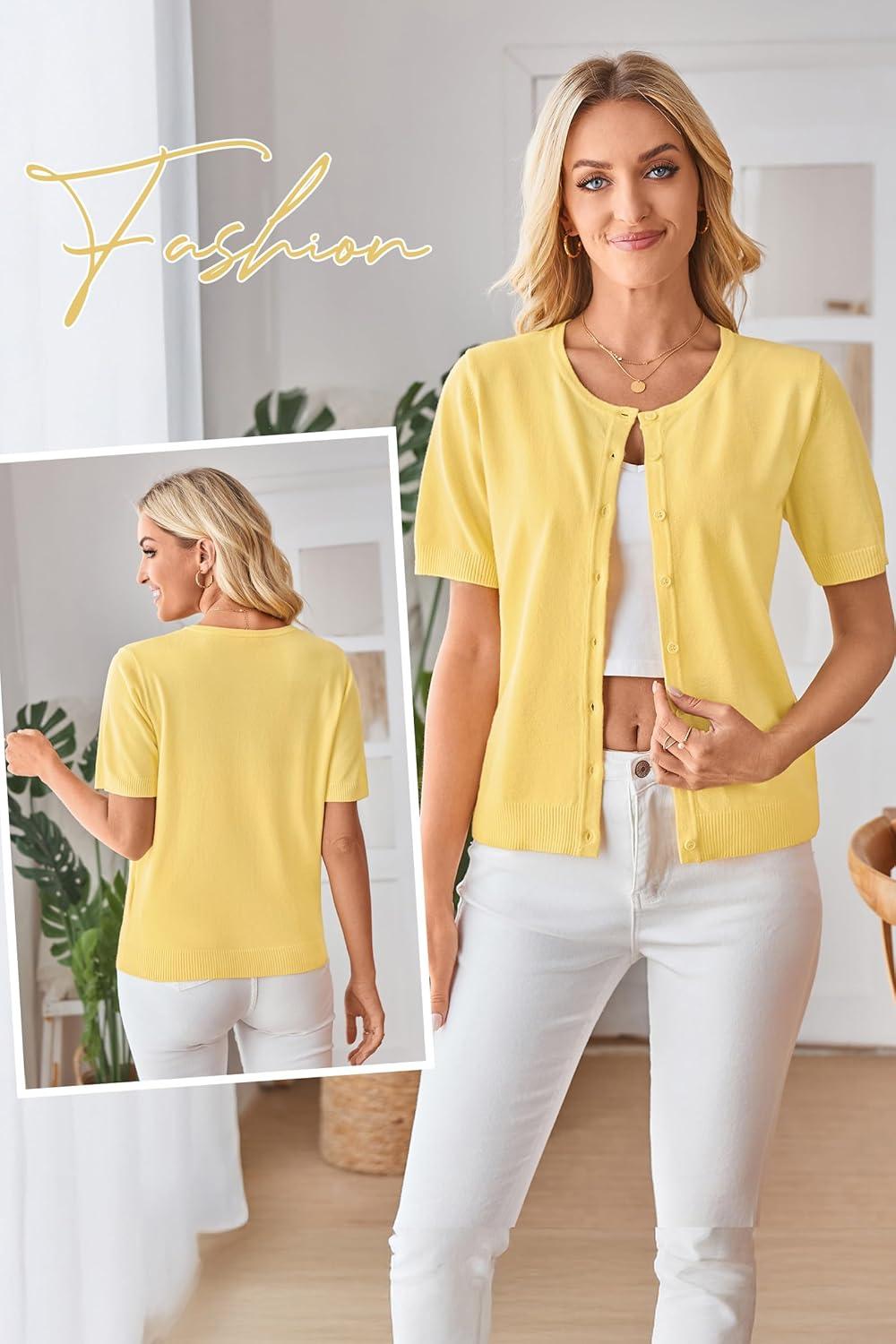 image:imageArachampCloz Womens Wool Blend Cropped Lightweight Short Sleeve Business Casual Cardigan TopsYellow