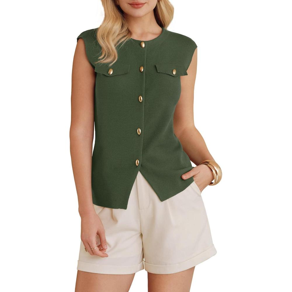 image:imageArachampCloz Womens Button Down Slit Hem Business Casual Sleeveless Blazers Vest Tops 2026Army Green