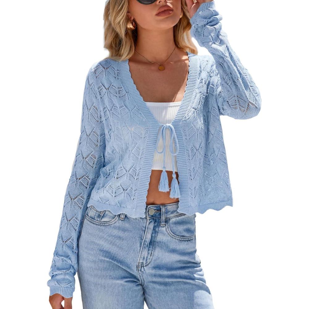 image:imageArachampCloz Womens Cropped Cardigan Linen Blend Crochet Tie Front Lightweight Summer Beach ShrugBlue