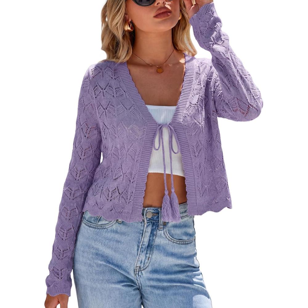 image:imageArachampCloz Womens Cropped Cardigan Linen Blend Crochet Tie Front Lightweight Summer Beach ShrugPurple