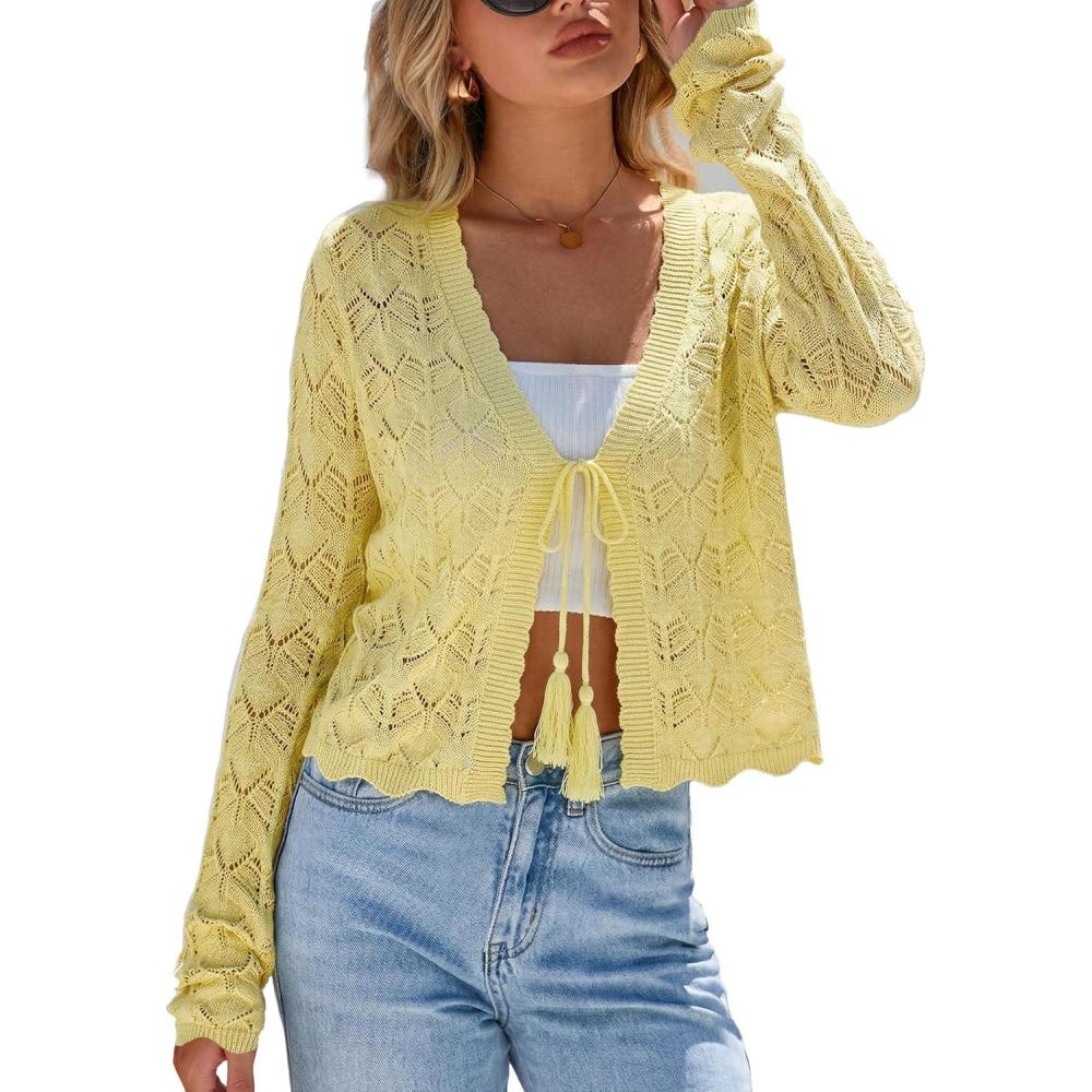 image:imageArachampCloz Womens Cropped Cardigan Linen Blend Crochet Tie Front Lightweight Summer Beach ShrugYellow