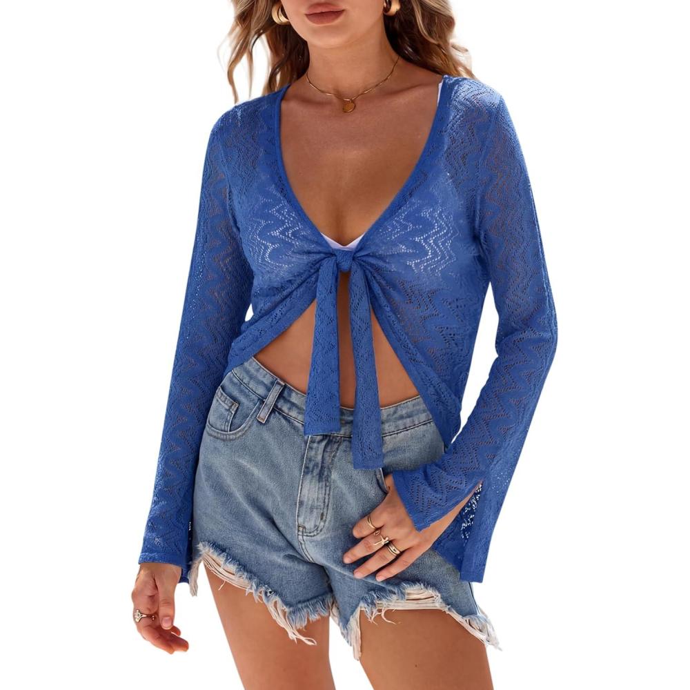 image:imageArachampCloz Womens Linen Blend Tie Front Bolero Shrug Beach Cover Up 2026Navy