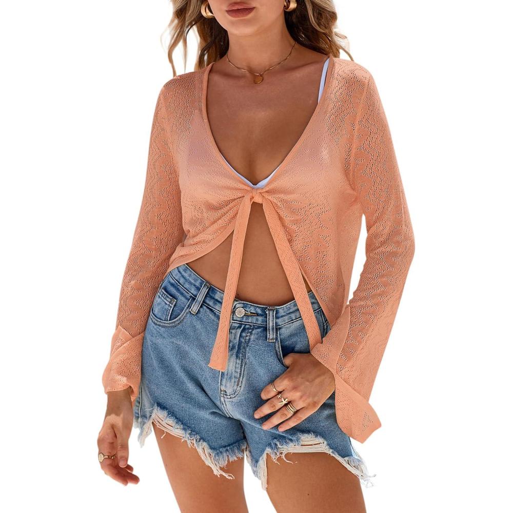 image:imageArachampCloz Womens Linen Blend Tie Front Bolero Shrug Beach Cover Up 2026Orange