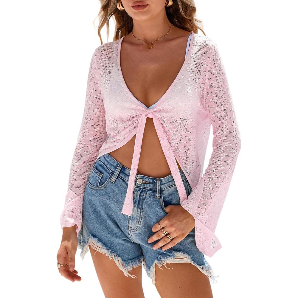 image:imageArachampCloz Womens Linen Blend Tie Front Bolero Shrug Beach Cover Up 2026Pink