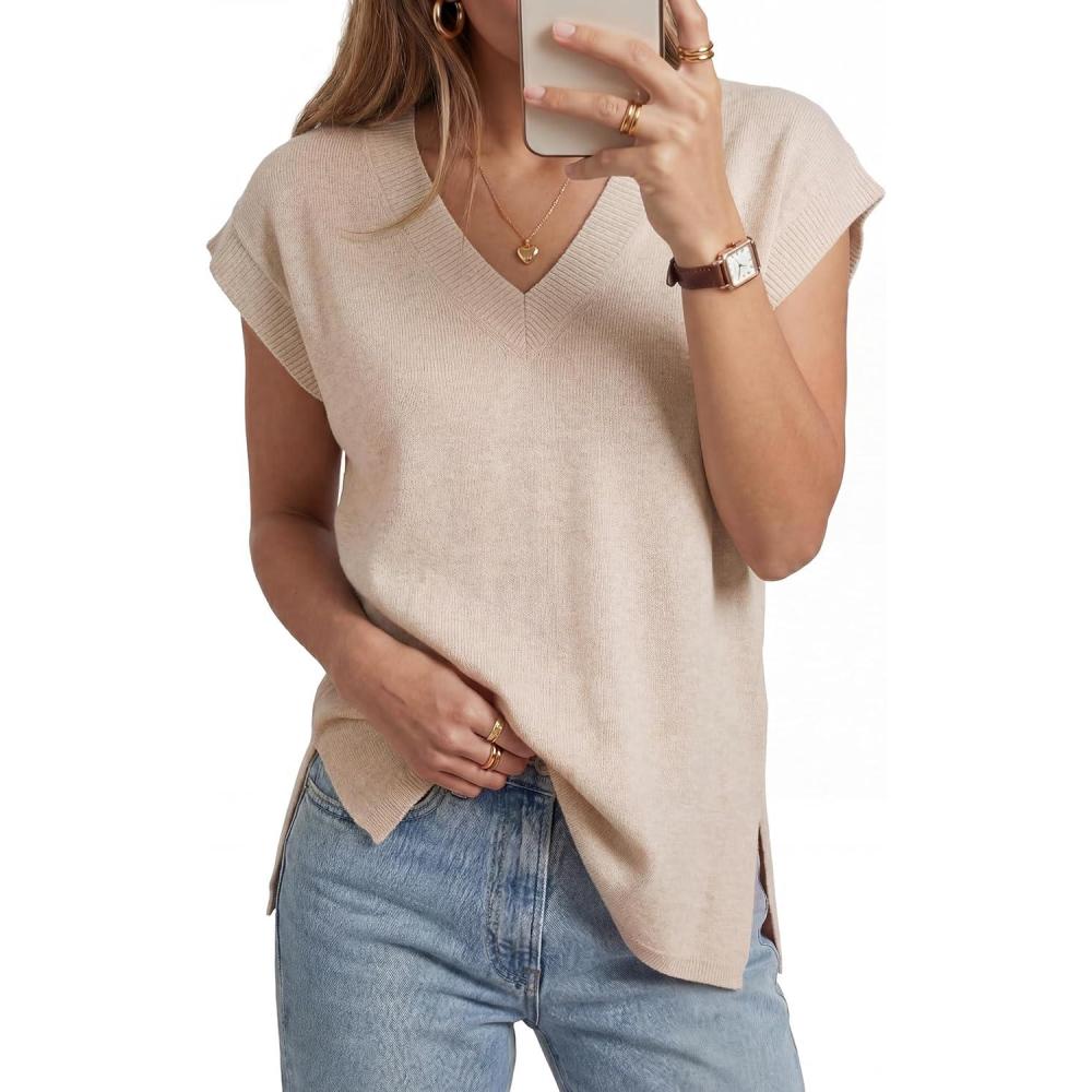 image:imageArachampCloz Womens Summer Wool Blend Sweater Vest Relaxed Fit VNeck Sleeveless Pullover Casual Trendy 2026Apricot