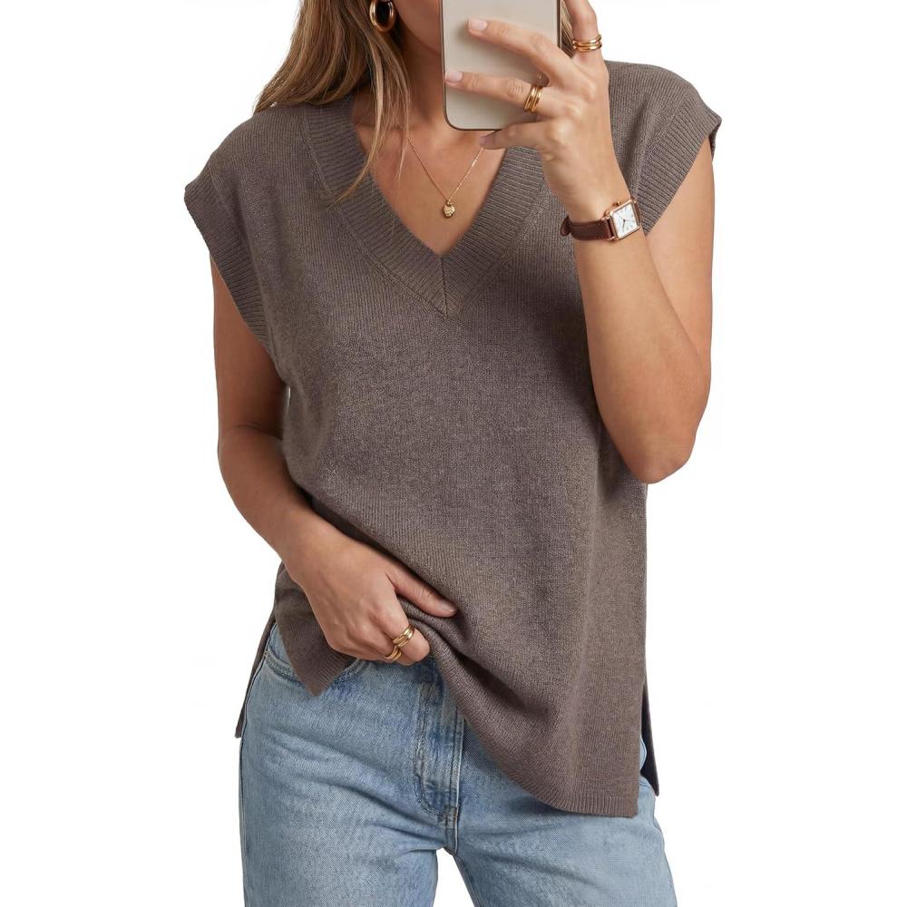 image:imageArachampCloz Womens Summer Wool Blend Sweater Vest Relaxed Fit VNeck Sleeveless Pullover Casual Trendy 2026Coffee