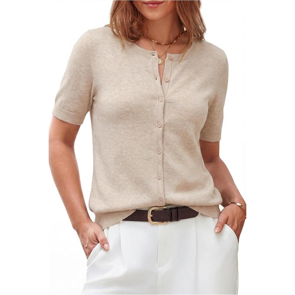image:imageArachampCloz Womens Wool Blend Cropped Lightweight Short Sleeve Business Casual Cardigan TopsAapricot