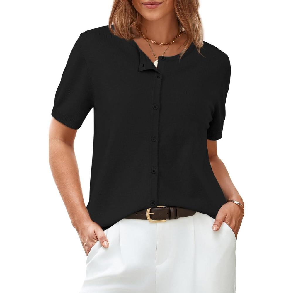 image:imageArachampCloz Womens Wool Blend Cropped Lightweight Short Sleeve Business Casual Cardigan TopsBlack