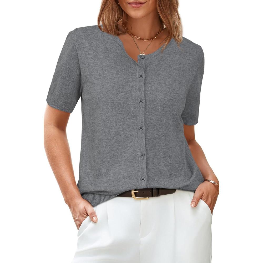 image:imageArachampCloz Womens Wool Blend Cropped Lightweight Short Sleeve Business Casual Cardigan TopsGrey