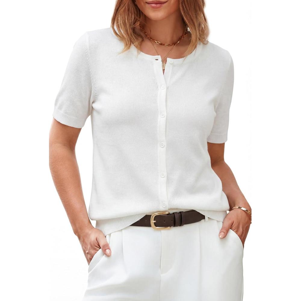 image:imageArachampCloz Womens Wool Blend Cropped Lightweight Short Sleeve Business Casual Cardigan TopsOffwhite