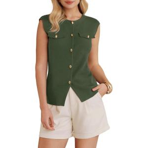 Arach&Cloz Women’s Button Down Slit Hem Business Casual Sleeveless Blazers Vest Tops 2026(Army Green)