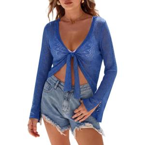 Arach&Cloz Women’s Linen Blend Tie Front Bolero Shrug Beach Cover Up 2026(Navy)