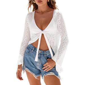 Arach&Cloz Women’s Linen Blend Tie Front Bolero Shrug Beach Cover Up 2026(White)