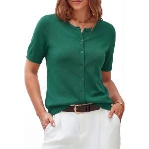 Arach&Cloz Women’s Wool Blend Cropped Lightweight Short Sleeve Business Casual Cardigan Tops(A-teal)
