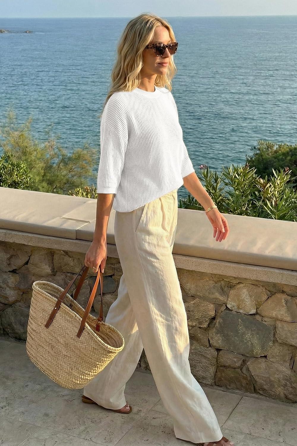 image:imageArachampCloz Womens Summer 100 Cotton Relaxed Fit Crochet Tops 34 Length Sleeve Sweater Hollow Out Casual Blouses 2026Beige