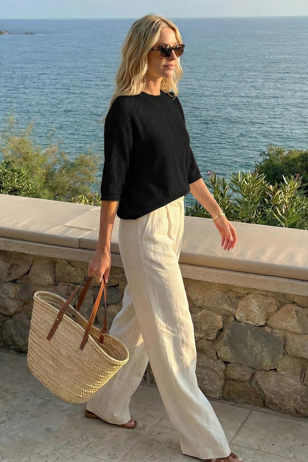 image:imageArachampCloz Womens Summer 100 Cotton Relaxed Fit Crochet Tops 34 Length Sleeve Sweater Hollow Out Casual Blouses 2026Black