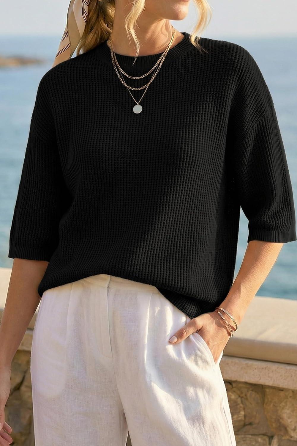 image:imageArachampCloz Womens Summer 100 Cotton Relaxed Fit Crochet Tops 34 Length Sleeve Sweater Hollow Out Casual Blouses 2026Black