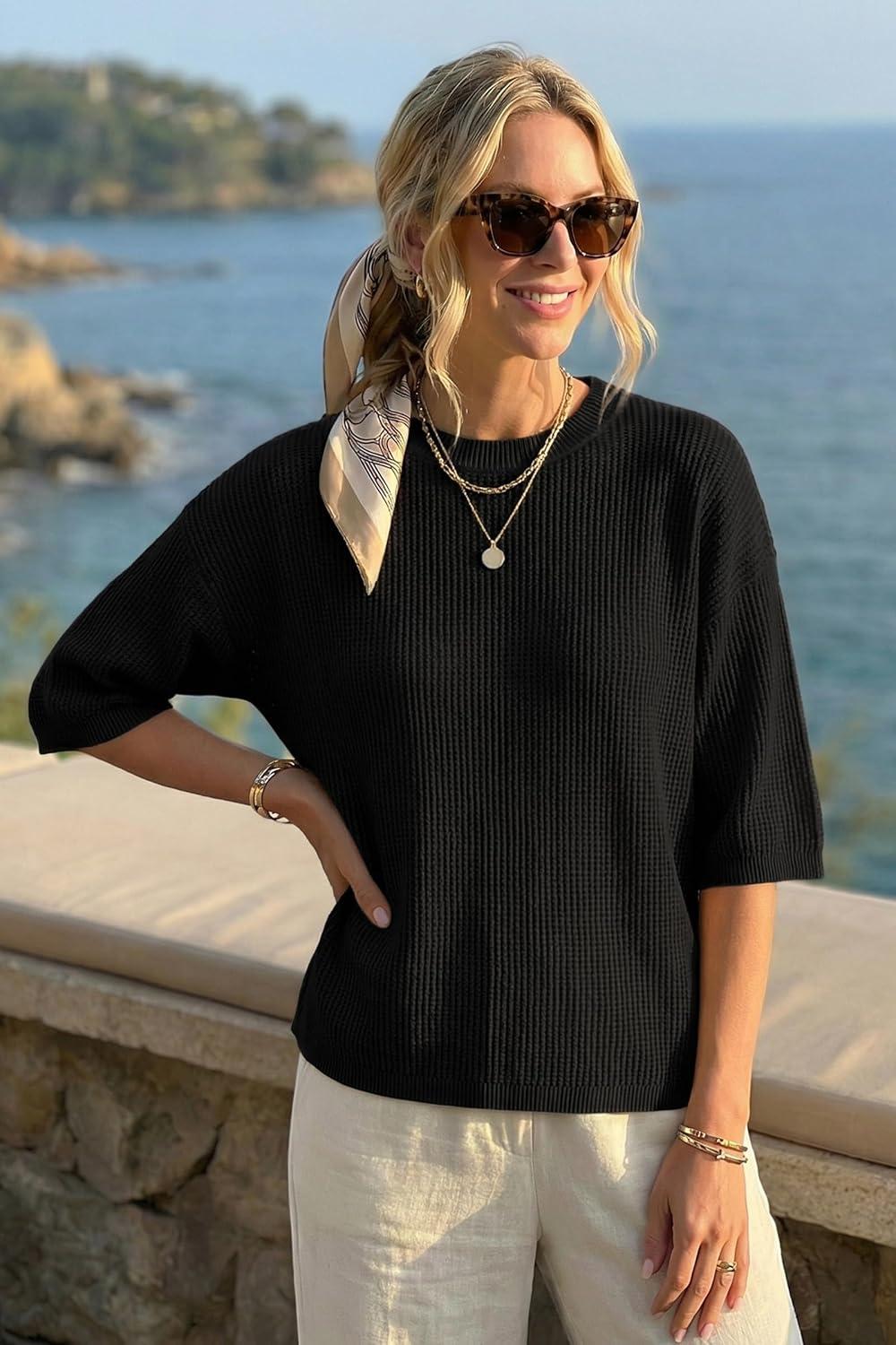 image:imageArachampCloz Womens Summer 100 Cotton Relaxed Fit Crochet Tops 34 Length Sleeve Sweater Hollow Out Casual Blouses 2026Black