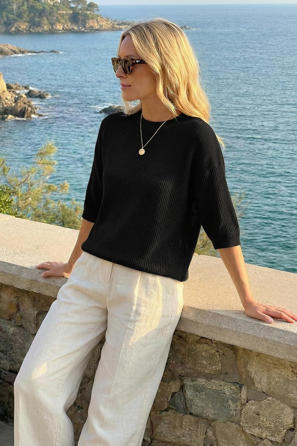 image:imageArachampCloz Womens Summer 100 Cotton Relaxed Fit Crochet Tops 34 Length Sleeve Sweater Hollow Out Casual Blouses 2026Black