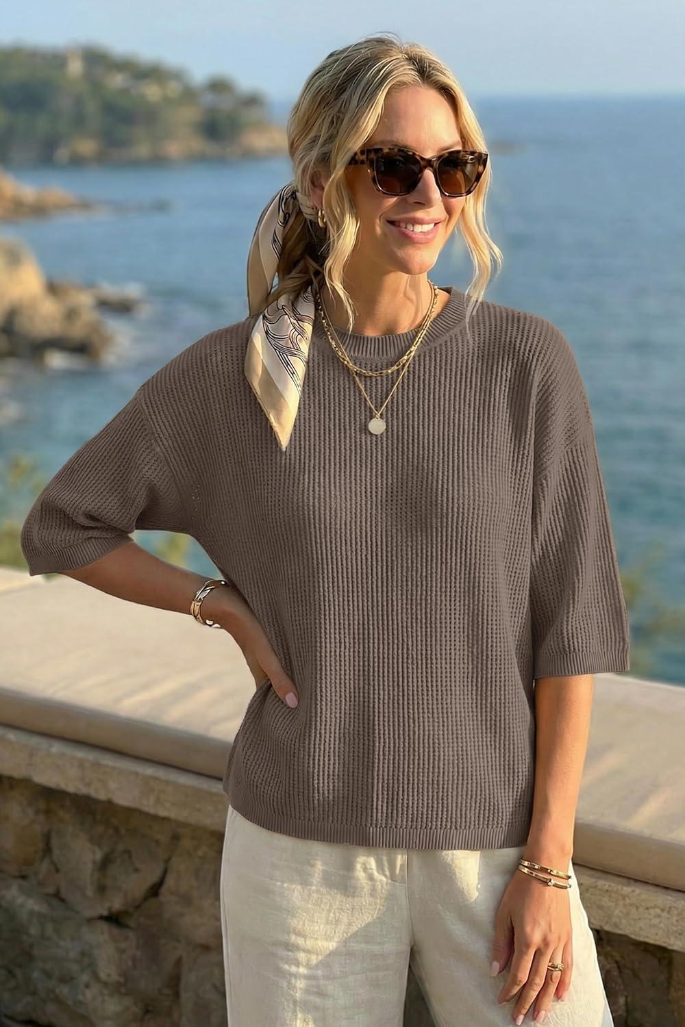 image:imageArachampCloz Womens Summer 100 Cotton Relaxed Fit Crochet Tops 34 Length Sleeve Sweater Hollow Out Casual Blouses 2026Coffee