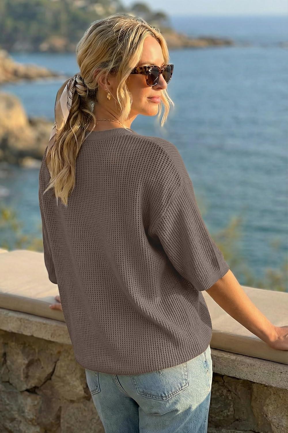 image:imageArachampCloz Womens Summer 100 Cotton Relaxed Fit Crochet Tops 34 Length Sleeve Sweater Hollow Out Casual Blouses 2026Coffee