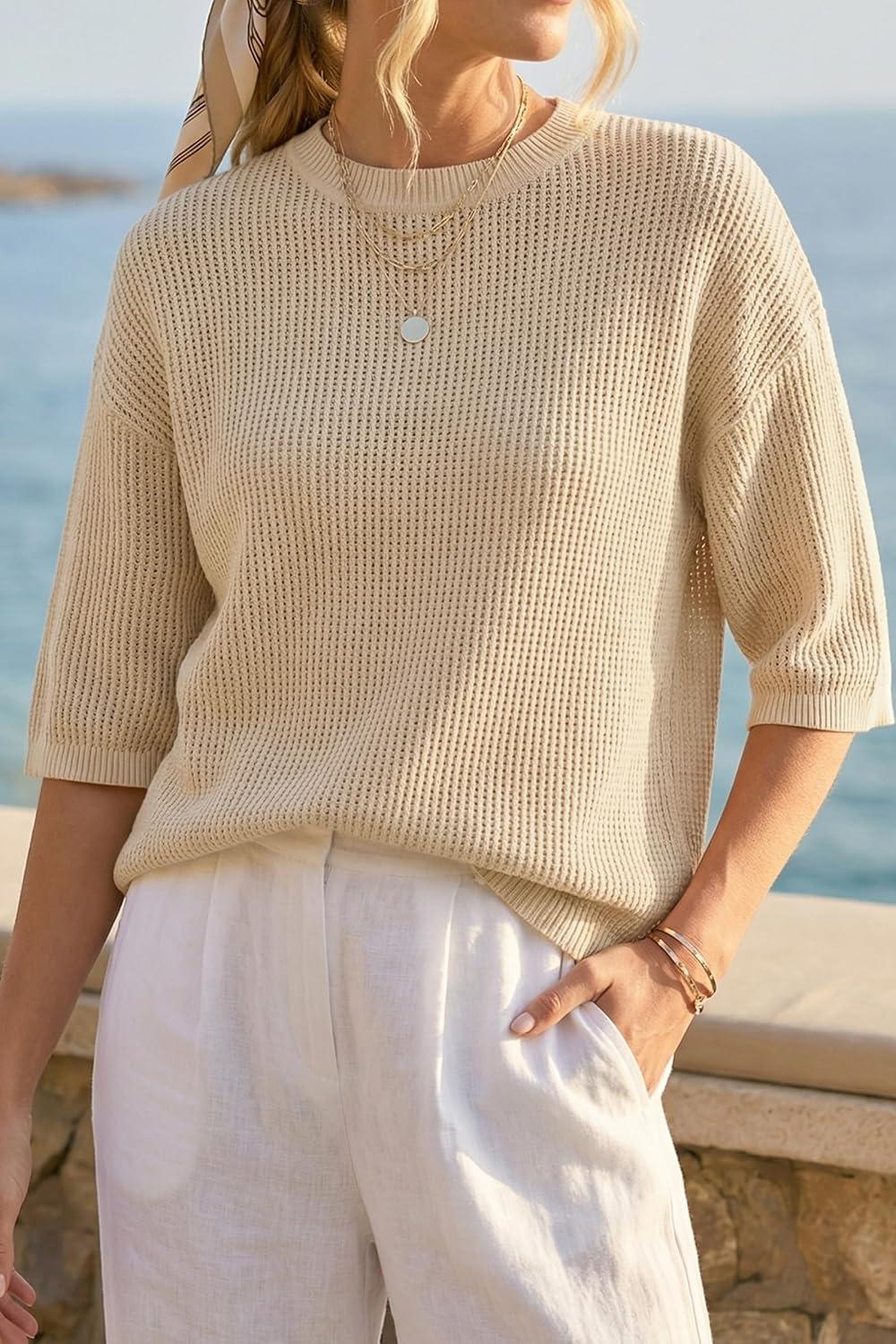 image:imageArachampCloz Womens Summer 100 Cotton Relaxed Fit Crochet Tops 34 Length Sleeve Sweater Hollow Out Casual Blouses 2026Light Khaki
