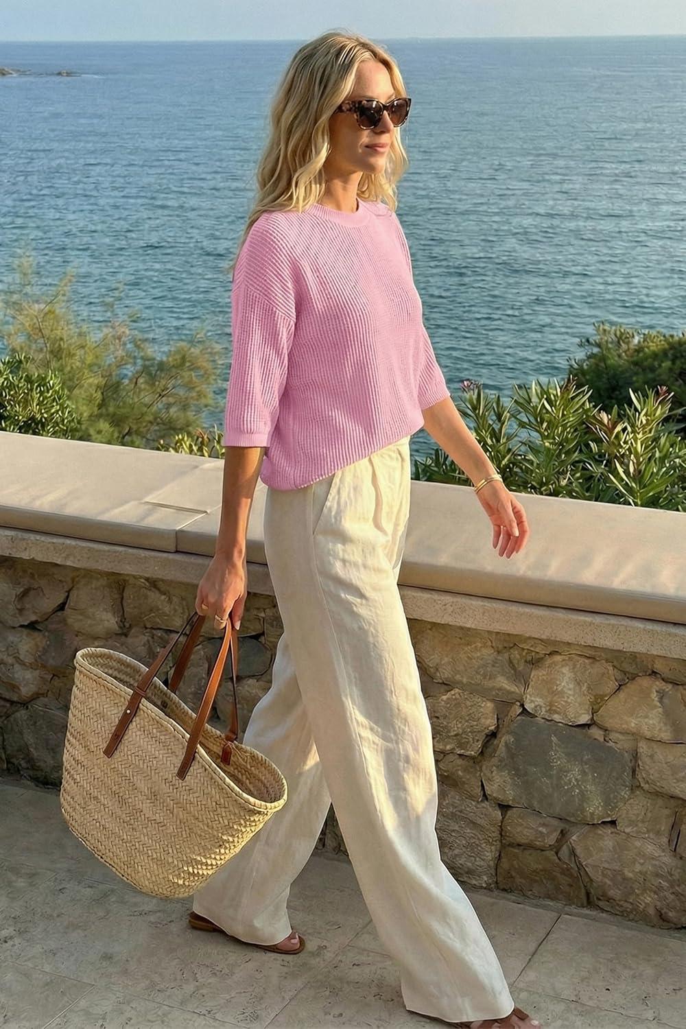 image:imageArachampCloz Womens Summer 100 Cotton Relaxed Fit Crochet Tops 34 Length Sleeve Sweater Hollow Out Casual Blouses 2026Light Pink