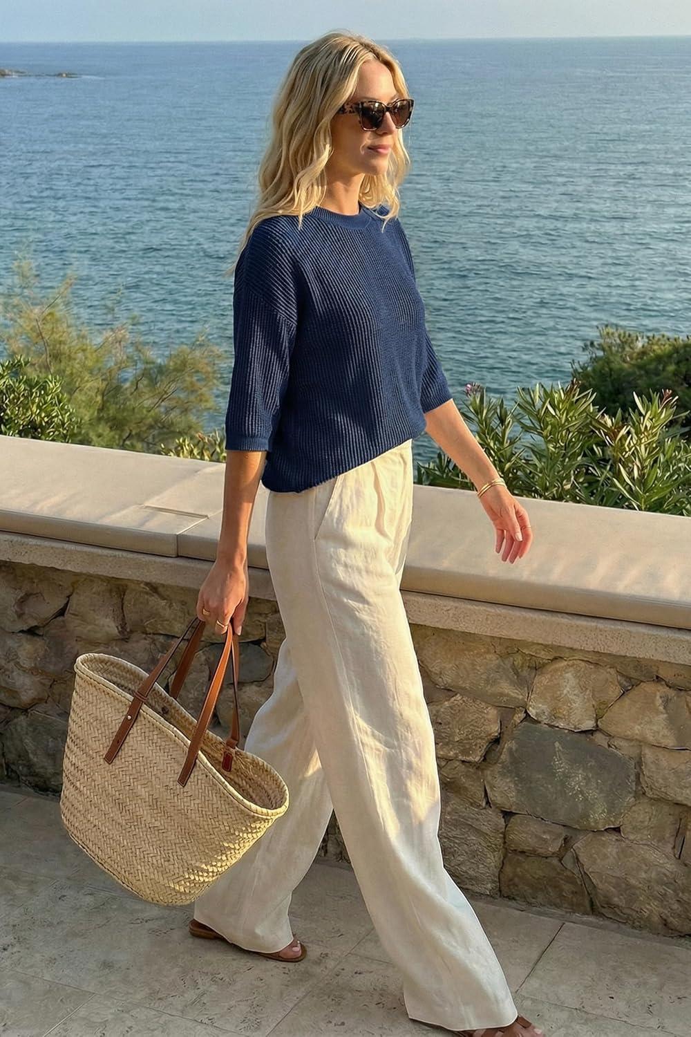 image:imageArachampCloz Womens Summer 100 Cotton Relaxed Fit Crochet Tops 34 Length Sleeve Sweater Hollow Out Casual Blouses 2026Navy