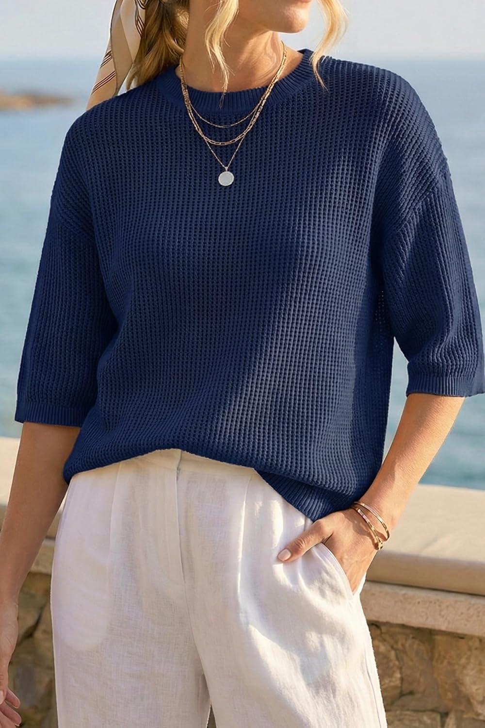 image:imageArachampCloz Womens Summer 100 Cotton Relaxed Fit Crochet Tops 34 Length Sleeve Sweater Hollow Out Casual Blouses 2026Navy