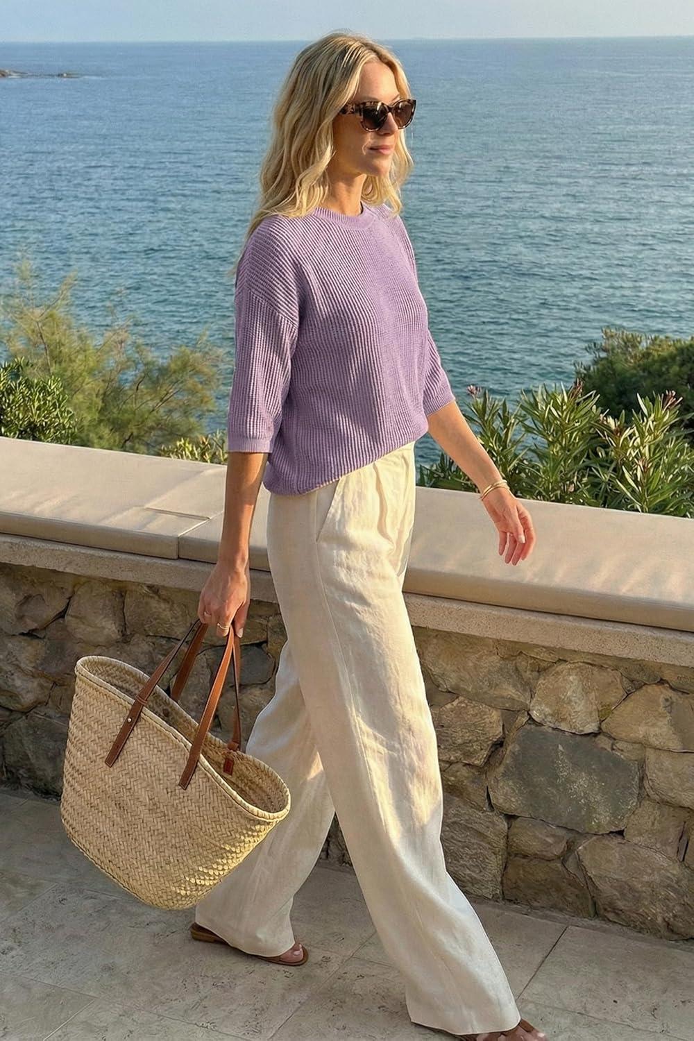 image:imageArachampCloz Womens Summer 100 Cotton Relaxed Fit Crochet Tops 34 Length Sleeve Sweater Hollow Out Casual Blouses 2026Purple