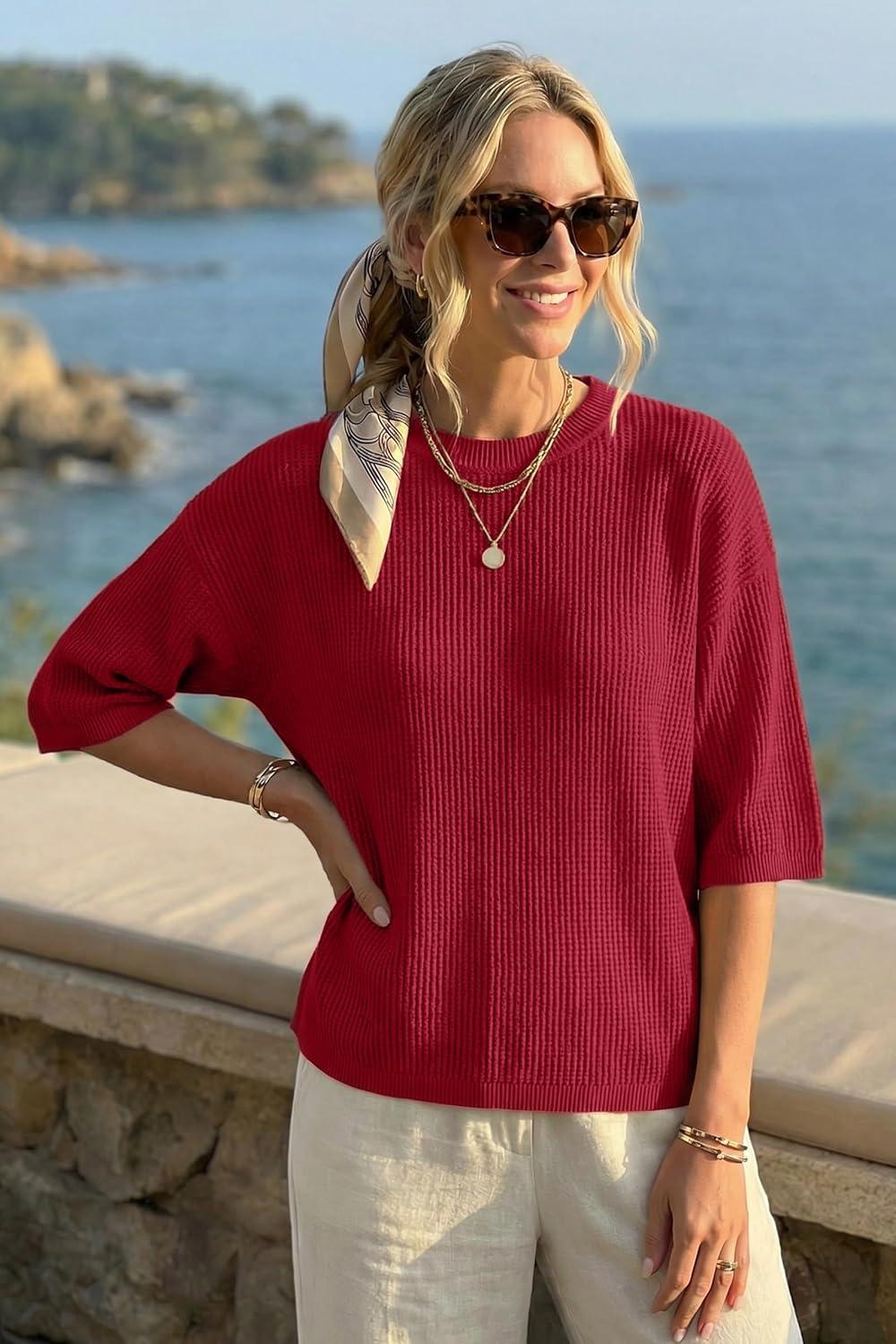 image:imageArachampCloz Womens Summer 100 Cotton Relaxed Fit Crochet Tops 34 Length Sleeve Sweater Hollow Out Casual Blouses 2026Red