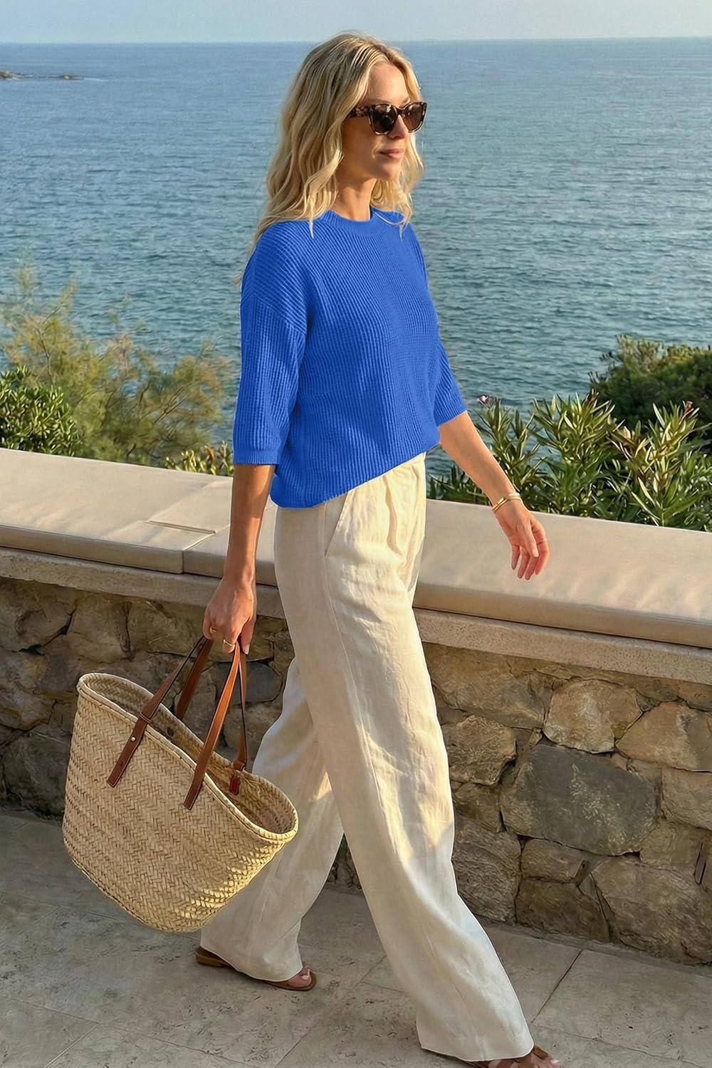 image:imageArachampCloz Womens Summer 100 Cotton Relaxed Fit Crochet Tops 34 Length Sleeve Sweater Hollow Out Casual Blouses 2026Royal Blue