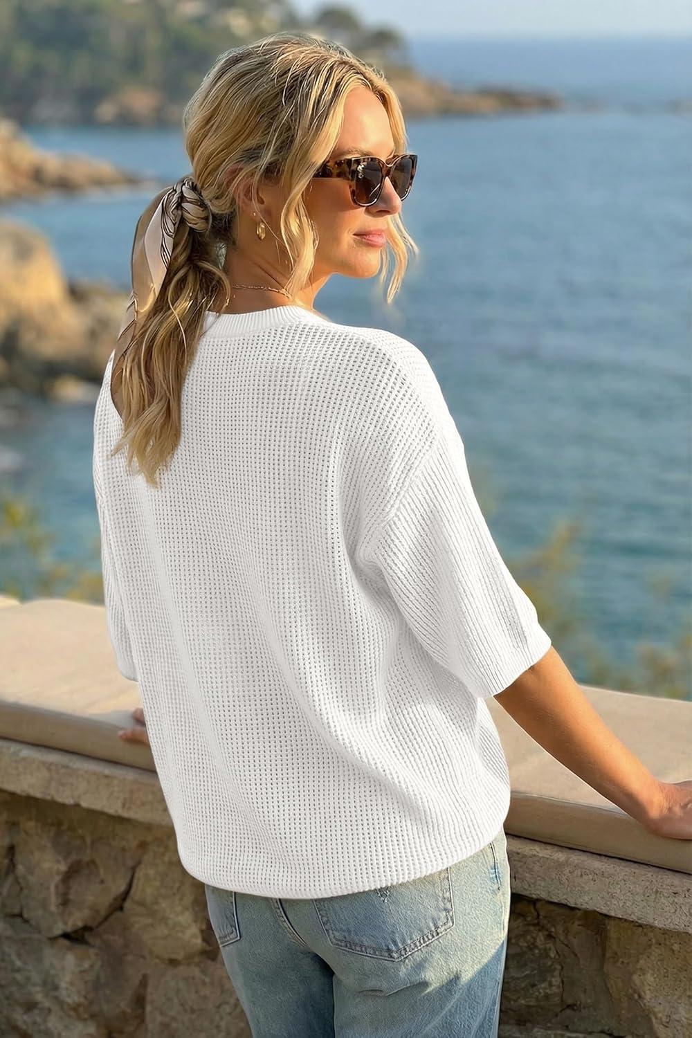 image:imageArachampCloz Womens Summer 100 Cotton Oversized Crochet Tops 34 Length Sleeve Sweater Hollow Out Casual Blouses 2026Beige