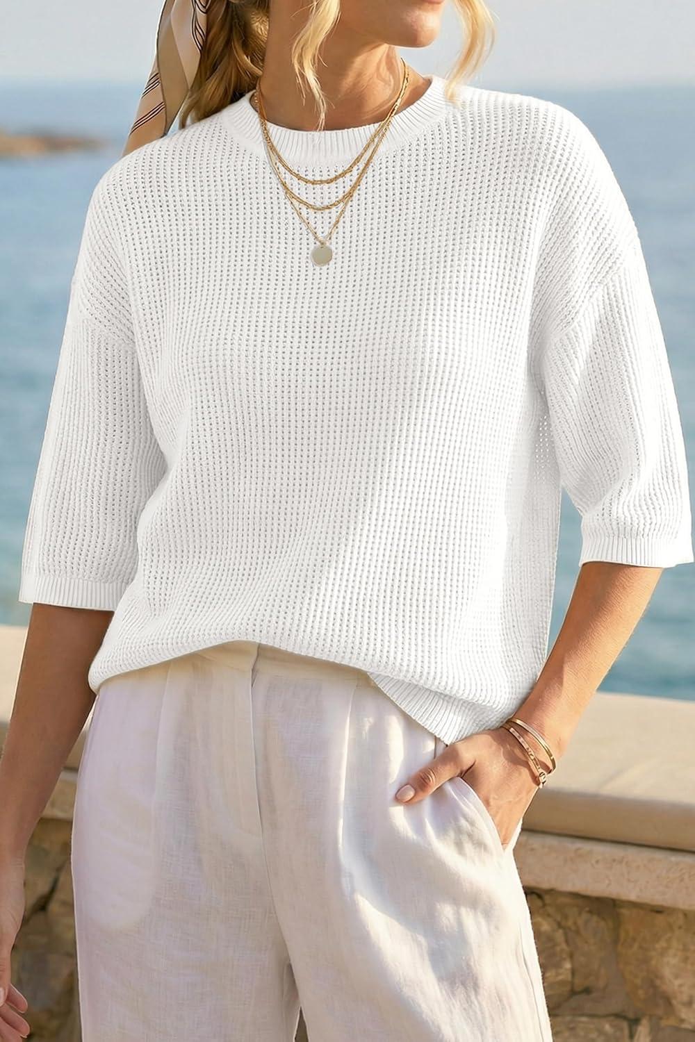 image:imageArachampCloz Womens Summer 100 Cotton Oversized Crochet Tops 34 Length Sleeve Sweater Hollow Out Casual Blouses 2026Beige
