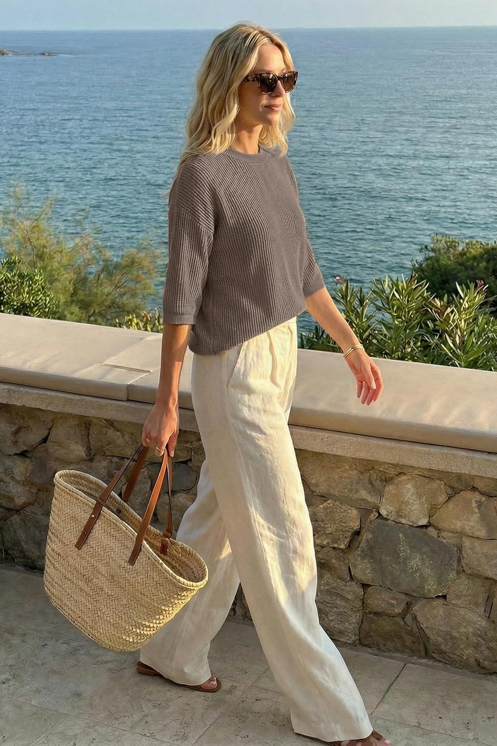 image:imageArachampCloz Womens Summer 100 Cotton Oversized Crochet Tops 34 Length Sleeve Sweater Hollow Out Casual Blouses 2026Coffee