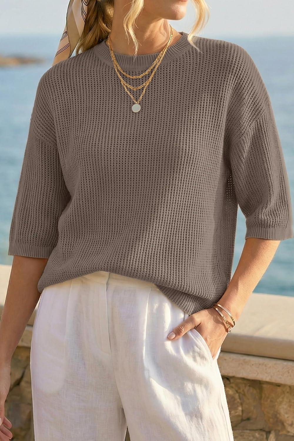 image:imageArachampCloz Womens Summer 100 Cotton Oversized Crochet Tops 34 Length Sleeve Sweater Hollow Out Casual Blouses 2026Coffee