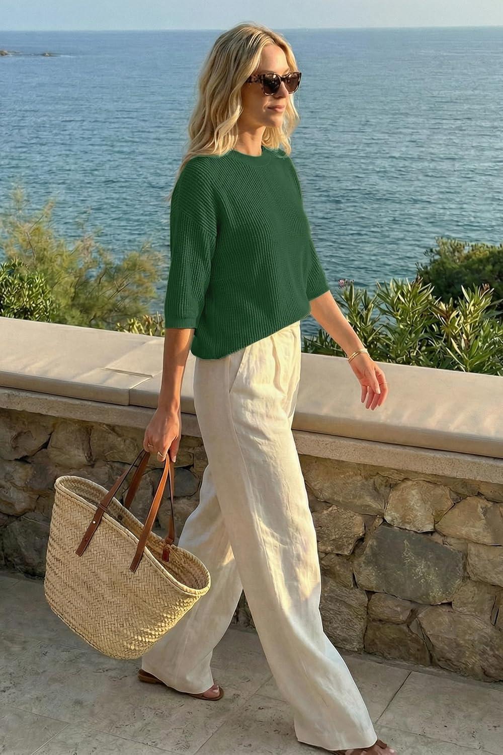 image:imageArachampCloz Womens Summer 100 Cotton Oversized Crochet Tops 34 Length Sleeve Sweater Hollow Out Casual Blouses 2026Green