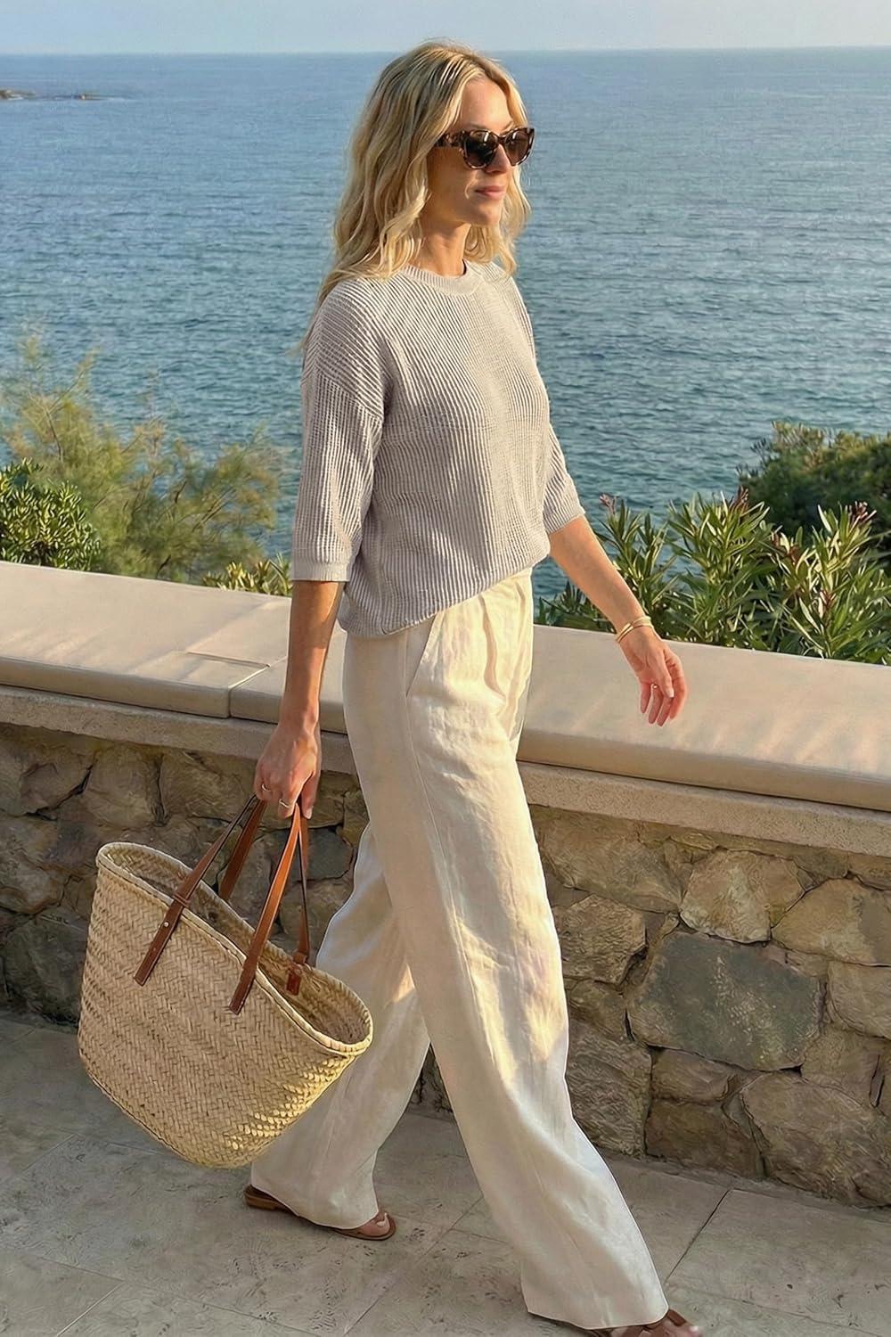 image:imageArachampCloz Womens Summer 100 Cotton Oversized Crochet Tops 34 Length Sleeve Sweater Hollow Out Casual Blouses 2026Grey