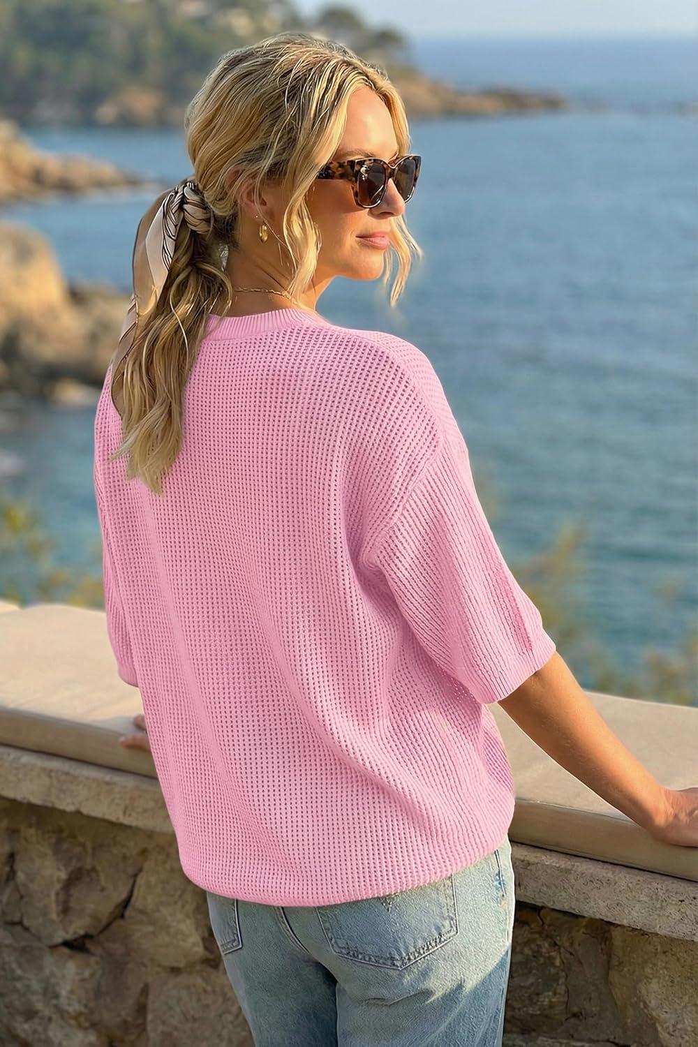 image:imageArachampCloz Womens Summer 100 Cotton Oversized Crochet Tops 34 Length Sleeve Sweater Hollow Out Casual Blouses 2026Light Pink