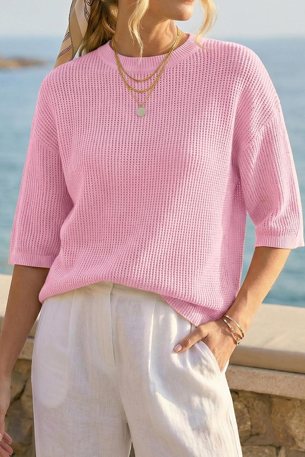 image:imageArachampCloz Womens Summer 100 Cotton Oversized Crochet Tops 34 Length Sleeve Sweater Hollow Out Casual Blouses 2026Light Pink