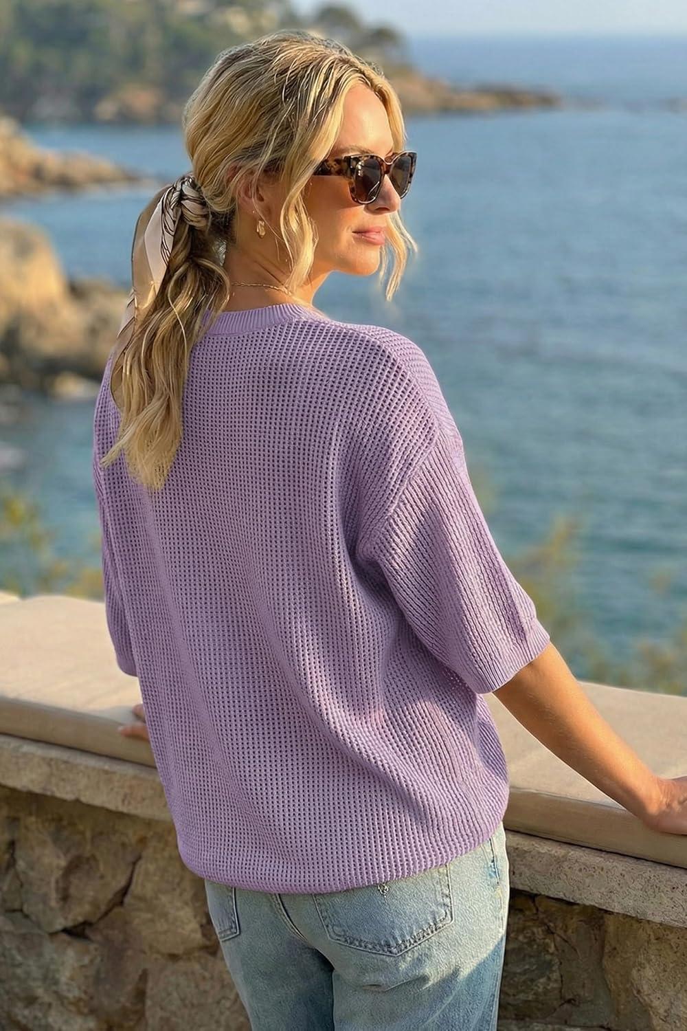 image:imageArachampCloz Womens Summer 100 Cotton Oversized Crochet Tops 34 Length Sleeve Sweater Hollow Out Casual Blouses 2026Purple